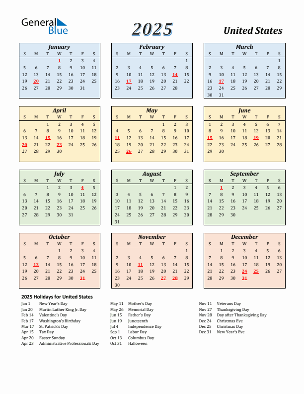 Free Printable 2025 United States Holiday Calendar