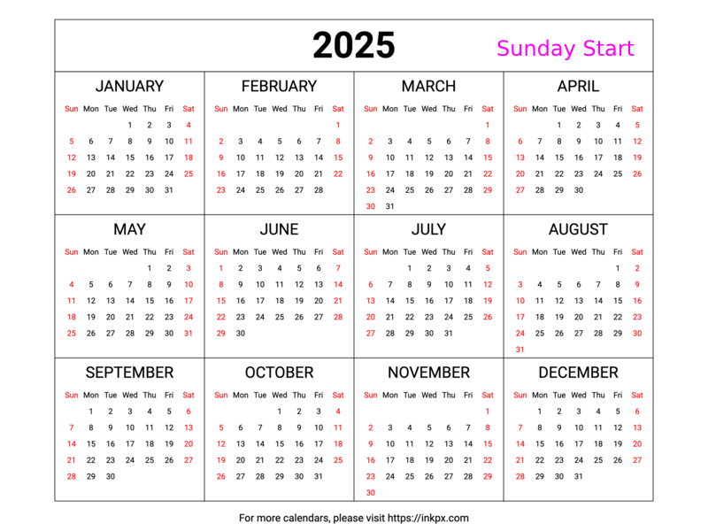 Free Printable 2025 Yearly Calendars In PDF PNG And JPG Formats InkPx