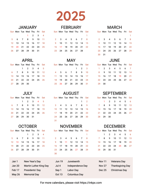 Free Printable 2025 Yearly Calendars In PDF PNG And JPG Formats InkPx