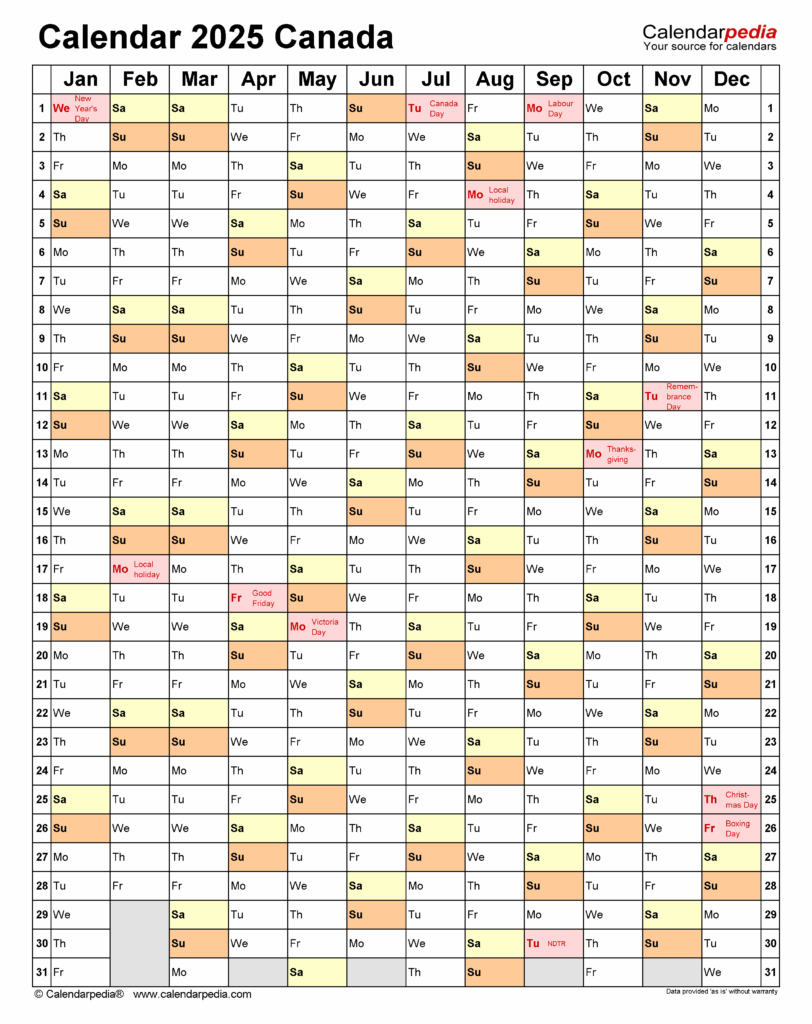 Free Printable Calendar 2025 Canada With Holidays Pdf Download Google 