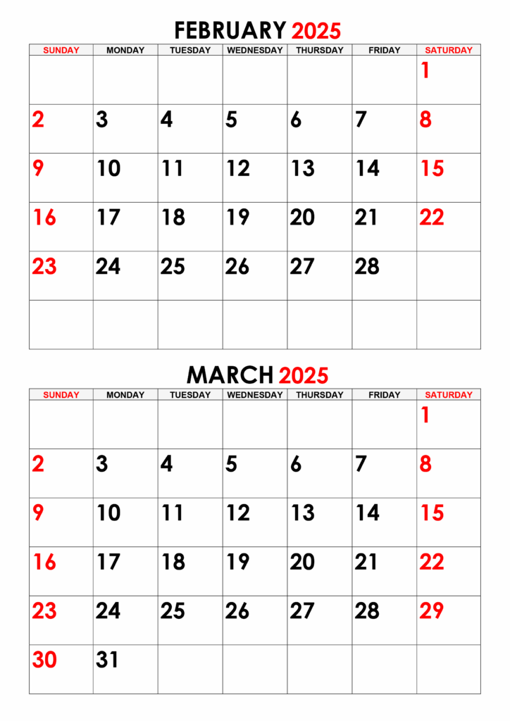 Free Printable Calendar 2025 Monthly February And March Calendar 