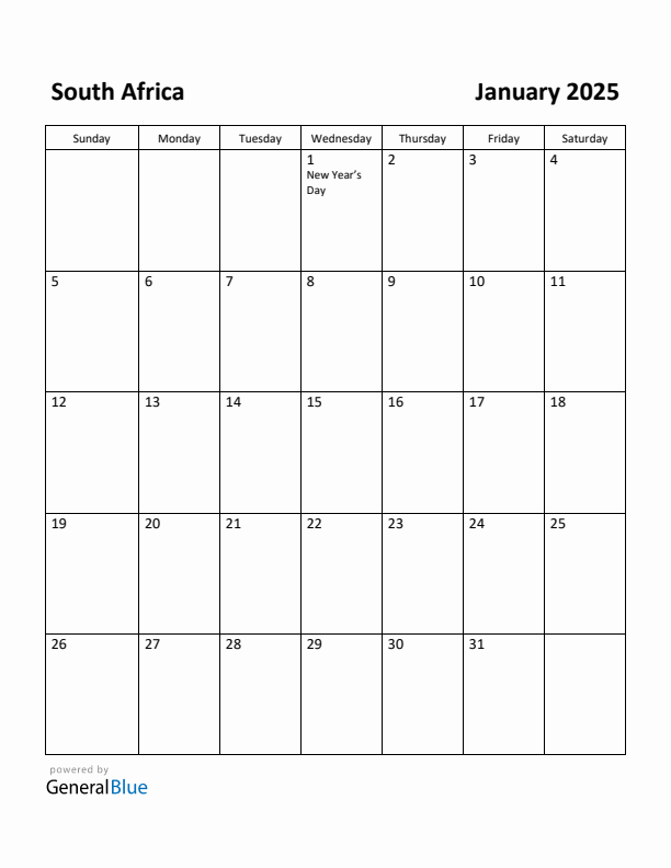 Free Printable January 2025 Calendar For South Africa