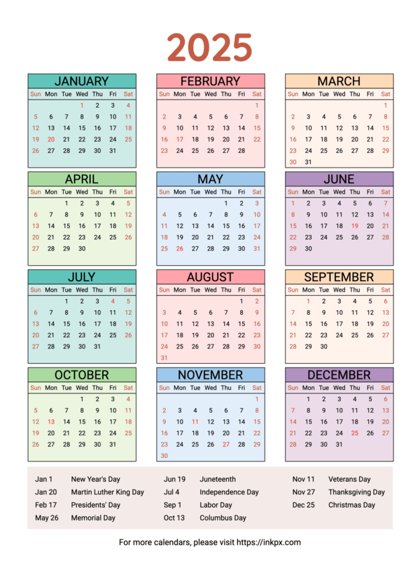 Free Printable Weekend Highlight Colorful Table 2025 Calendar With 