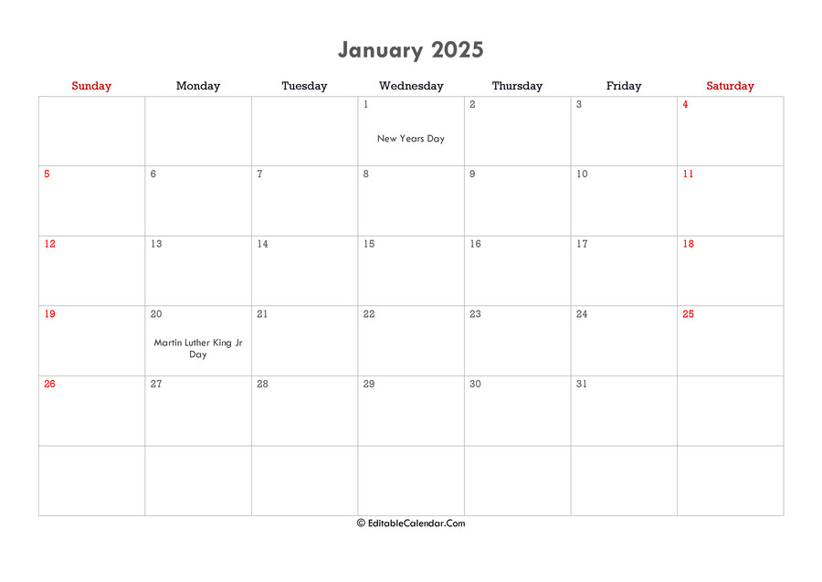 January 2025 Calendar Printable Editable Free Word Doc Judith W Hearon