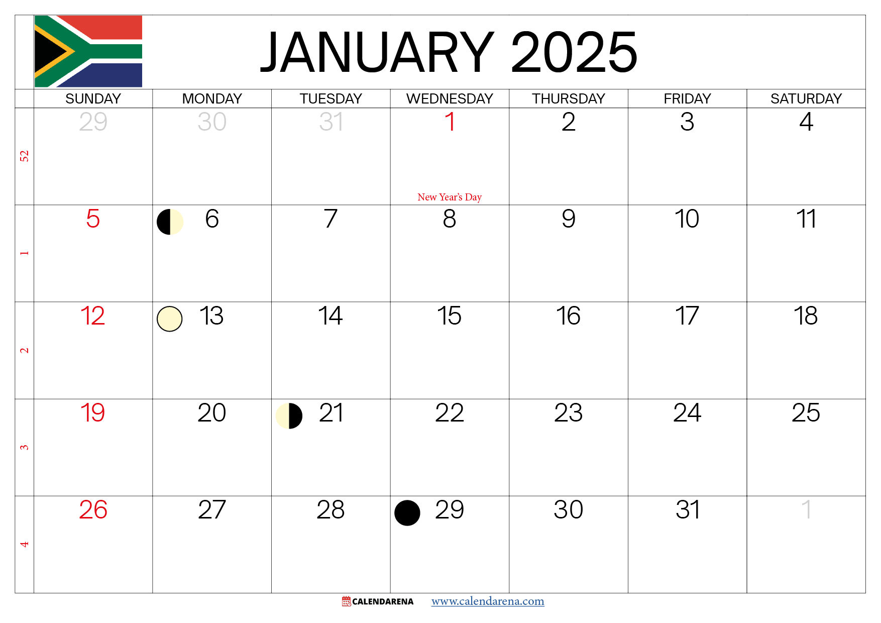 January 2025 Calendar South Africa