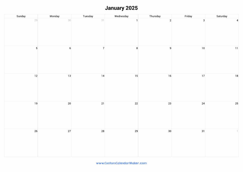 January 2025 Landscape Calendar With Large Boxes Custom Calendar Maker