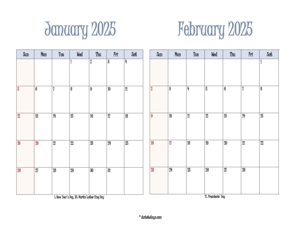January February 2025 Calendar 2 Month Printable PDF