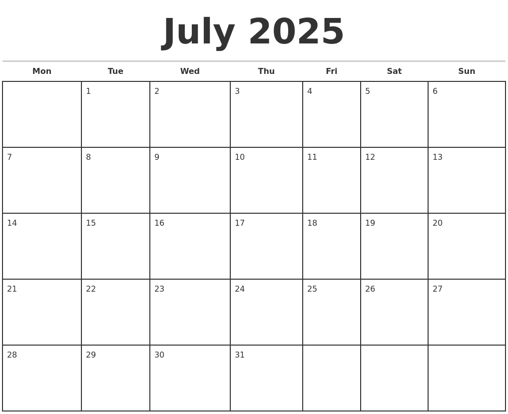 July 2025 Monthly Calendar Template