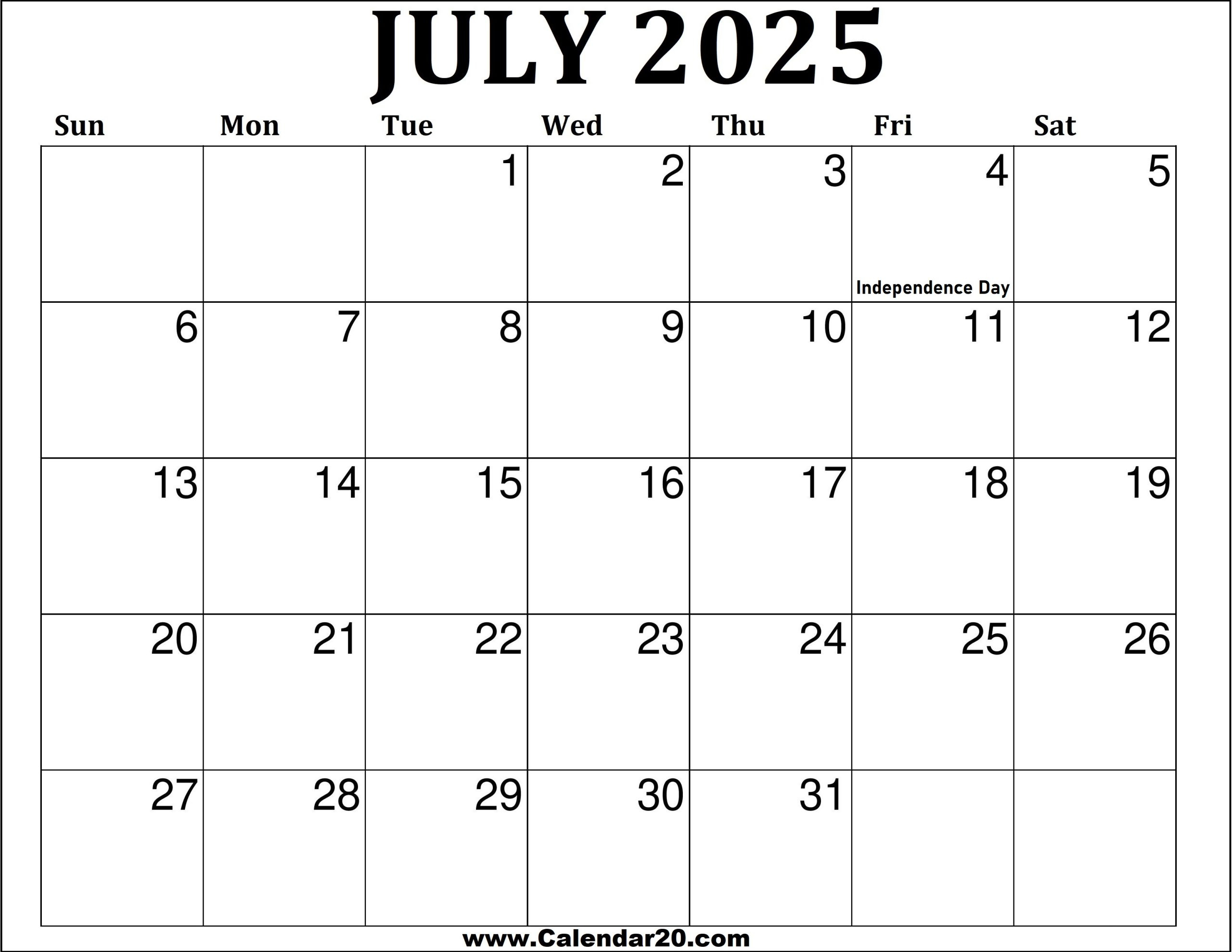 July 2025 Printable Calendar Calendar20