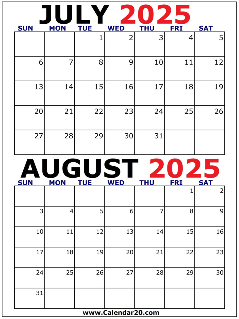 July And August 2025 Calendar Two Months Per Page Calendar20