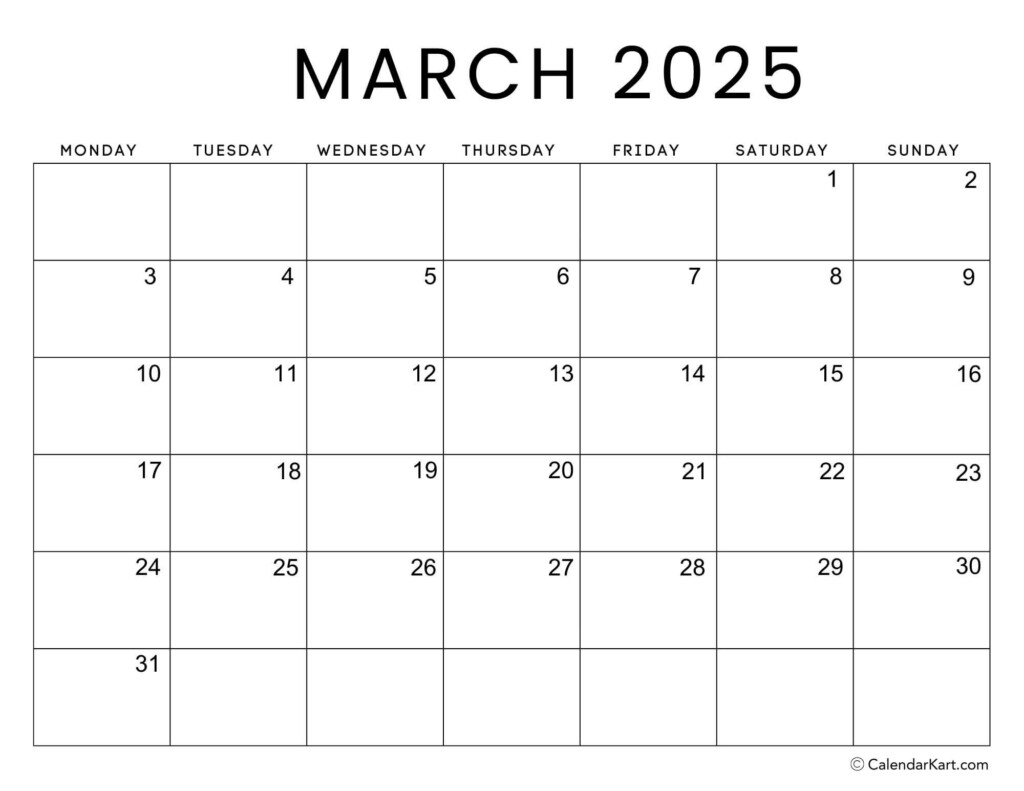 March 2025 Calendar Printable Monday Start 2025 Haily Kellsie