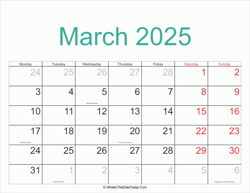 March 2025 Calendar Printable With Holidays Whatisthedatetoday Com