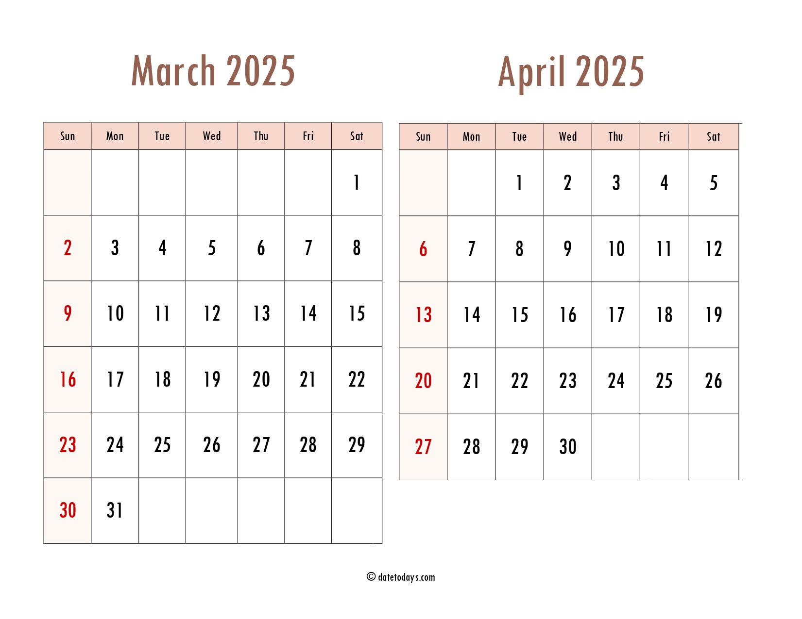 March April 2025 Calendar Printable PDF Files