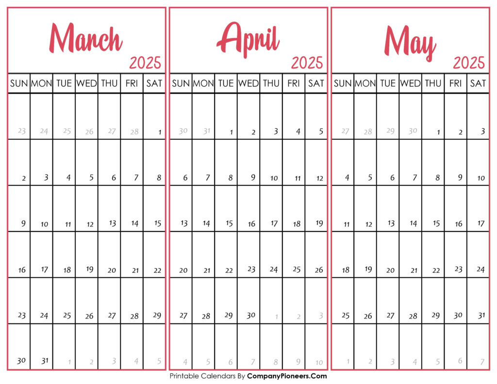 March April May 2025 Calendar Printable Template