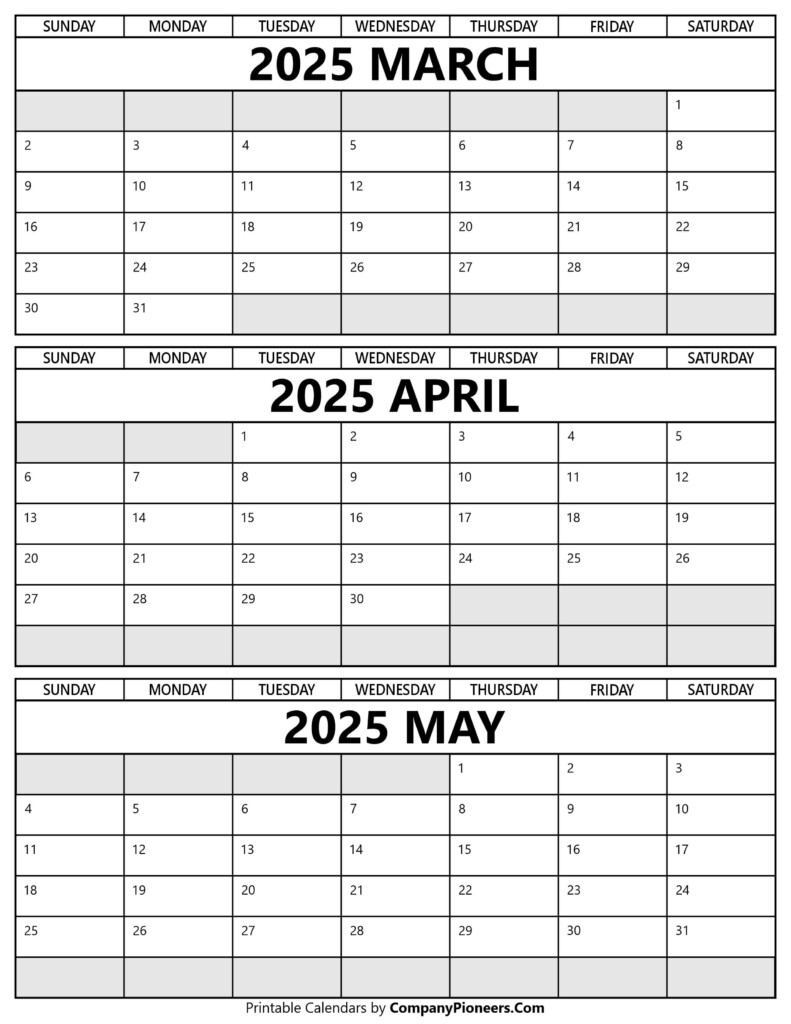 March April May 2025 Calendar Printable Template