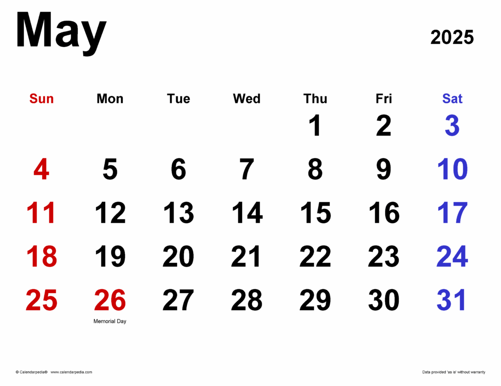 May 2025 Calendar With Holidays Printable Free Template Lidia Fortin