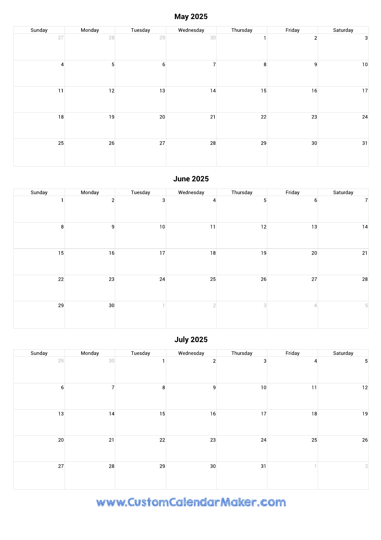 May June July 2025 Calendar Monday Start George J Pierce