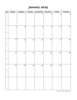 Monthly Calendar 2025 Simple Design With Large Box On Each Day For 