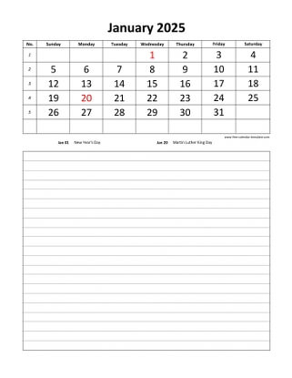 Monthly Calendar 2025 Simple Design With Large Box On Each Day For 