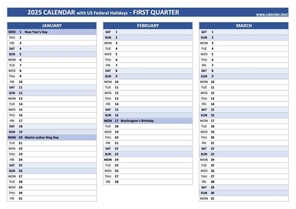 Printable 1st Quarter 2025 Calendar
