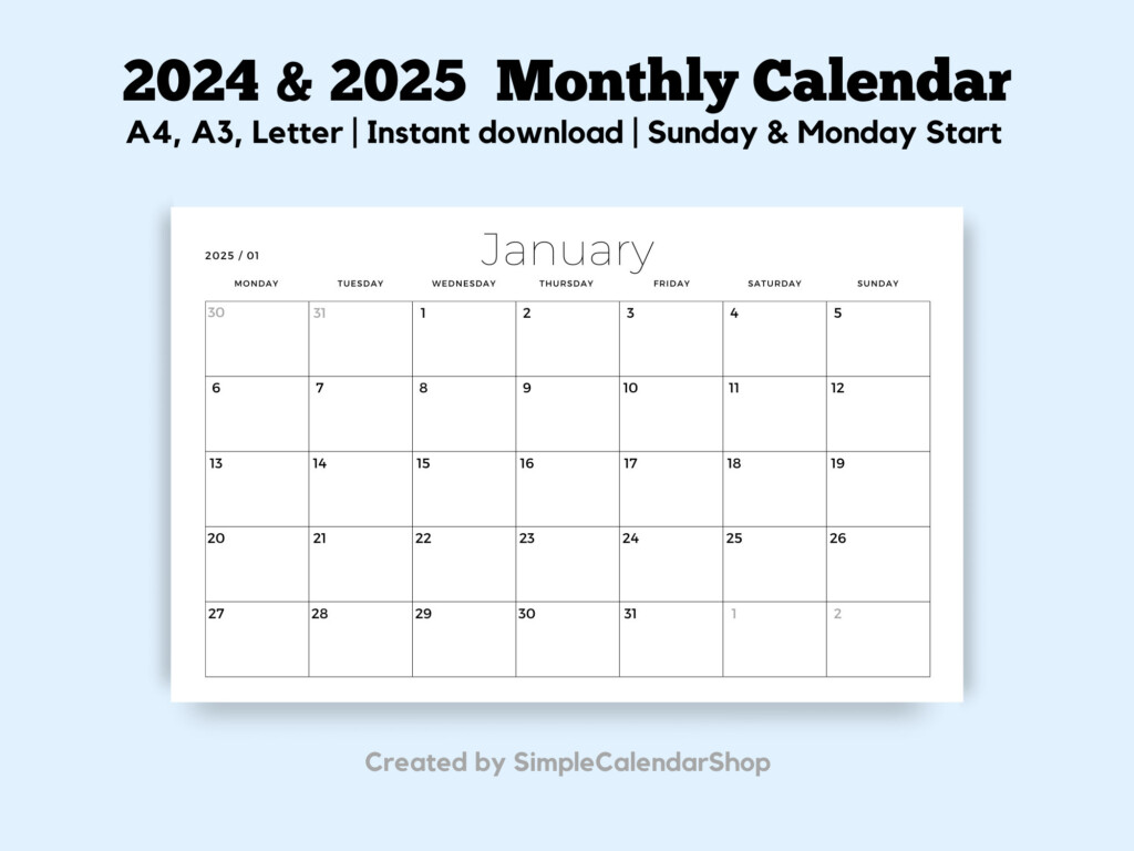 Printable Calendar 2024 2025 Monthly Planner Minimalist Etsy