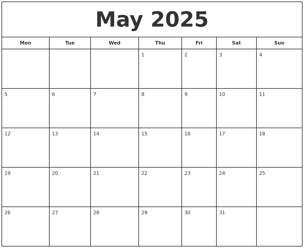 Printable Calendar May 2025 Eldon P Bradley