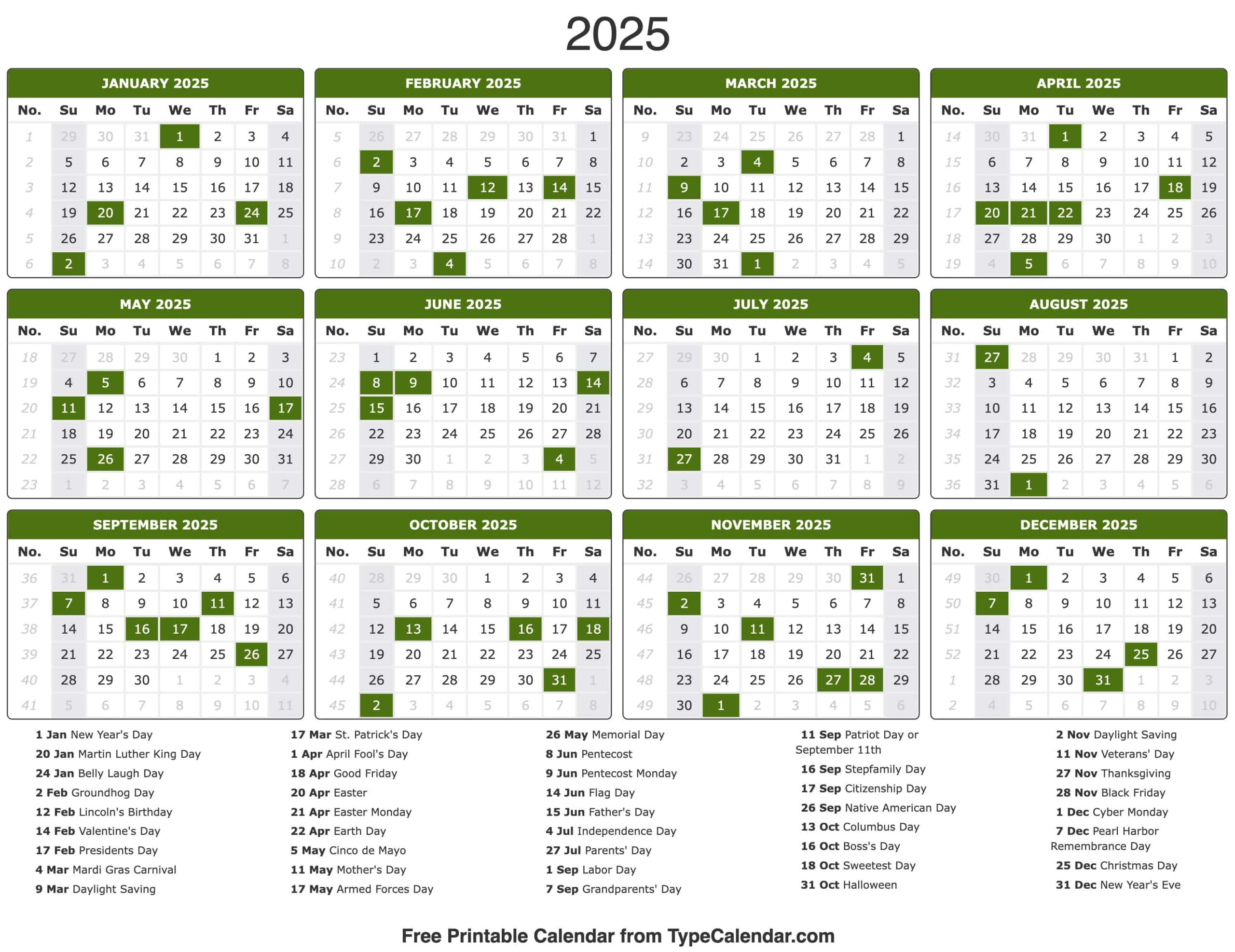 Printable Calendar With Holidays 2025 Calendar 2025 Printable