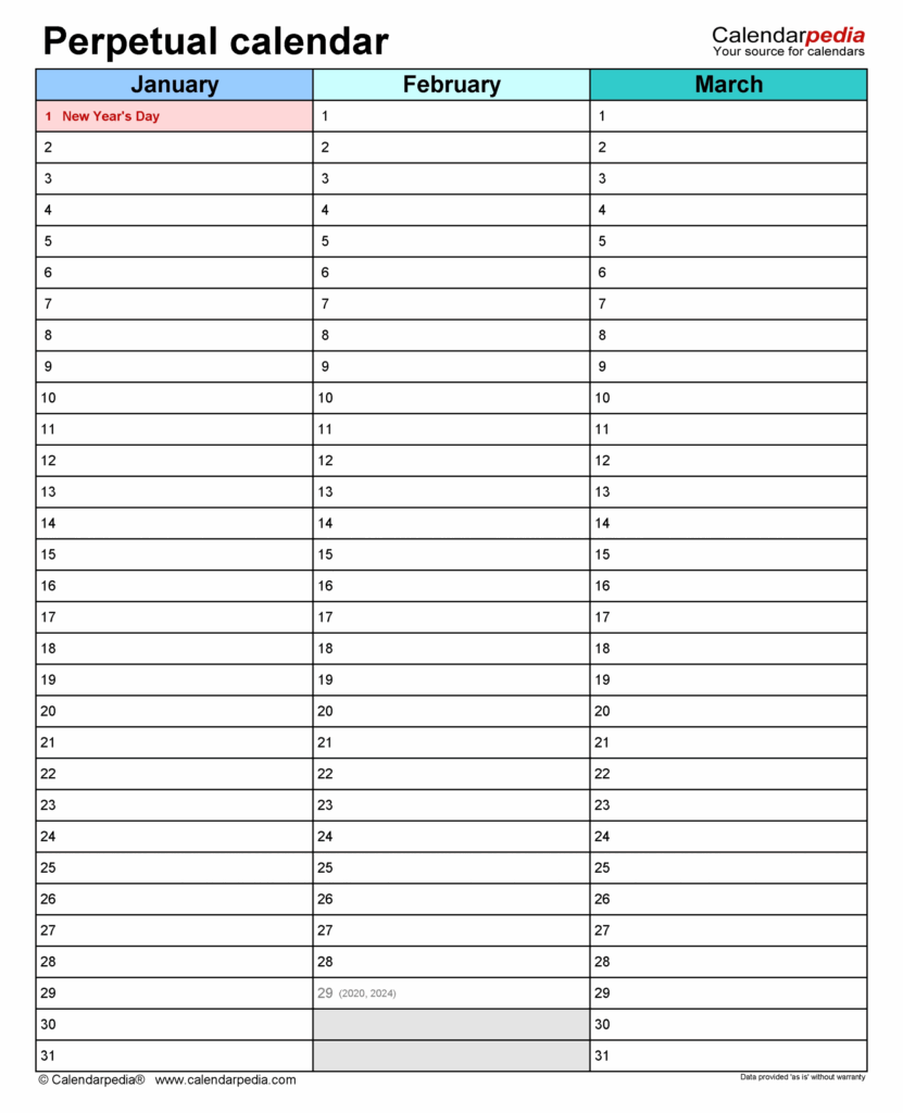 Printable Perpetual Calendar 2025 To 2025 Vahid Tyler