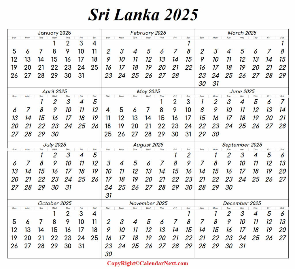 Printable Sri Lanka 2025 Calendar Template With Holidays