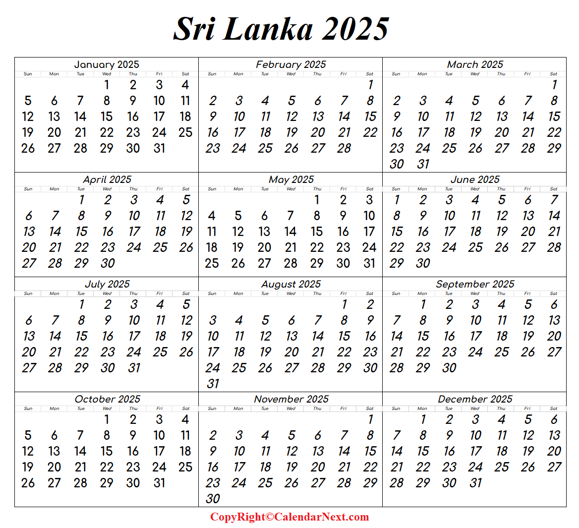 Printable Sri Lanka 2025 Calendar Template With Holidays