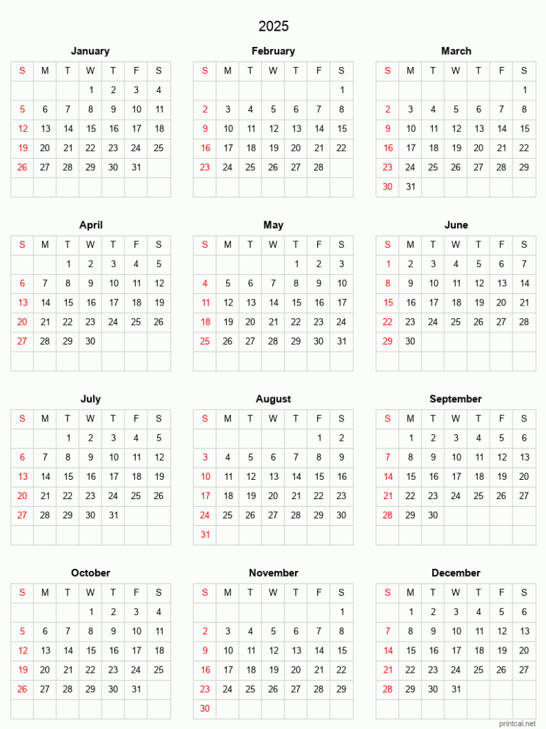 Printable Whole Year Calendar 2025 Pdf Marcus I Schmidt