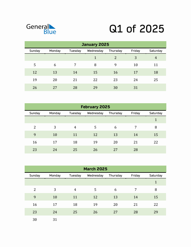 Q1 Quarterly Calendar 2025 In PDF Word Excel