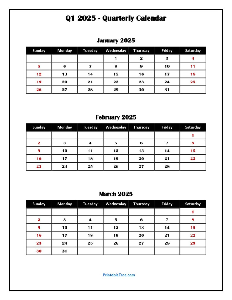 Q1 Quarterly Calendar 2025 Printable PDF Templates