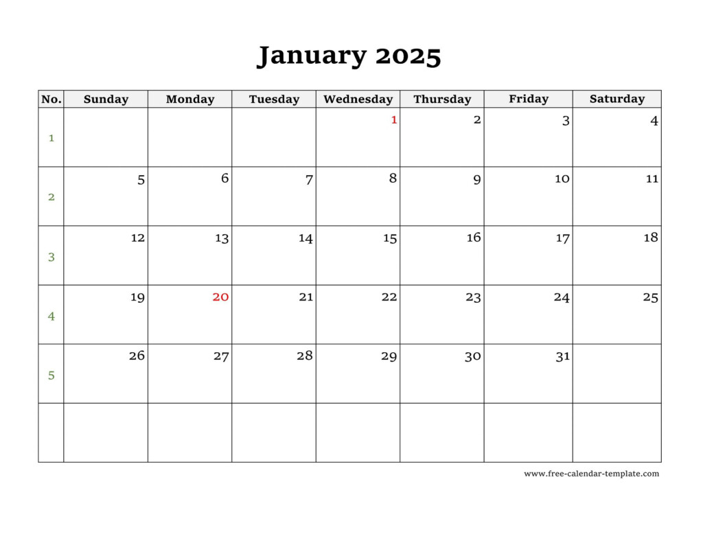 Simple Monthly Calendar 2025 Large Box On Each Day For Notes Free 