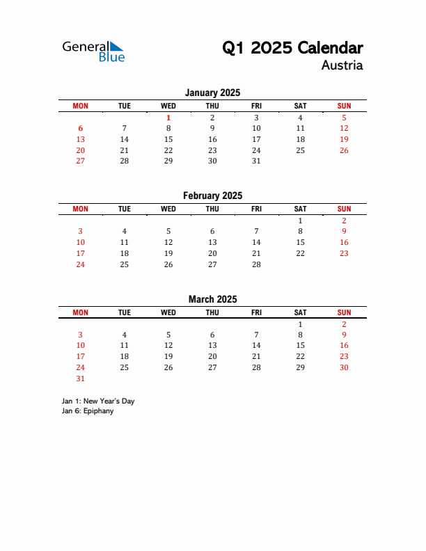 Three month Calendar For Austria Q1 Of 2025