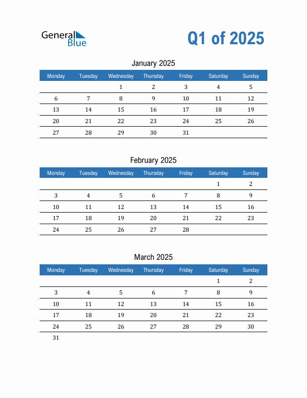 Three Month Calendar Template Q1 2025