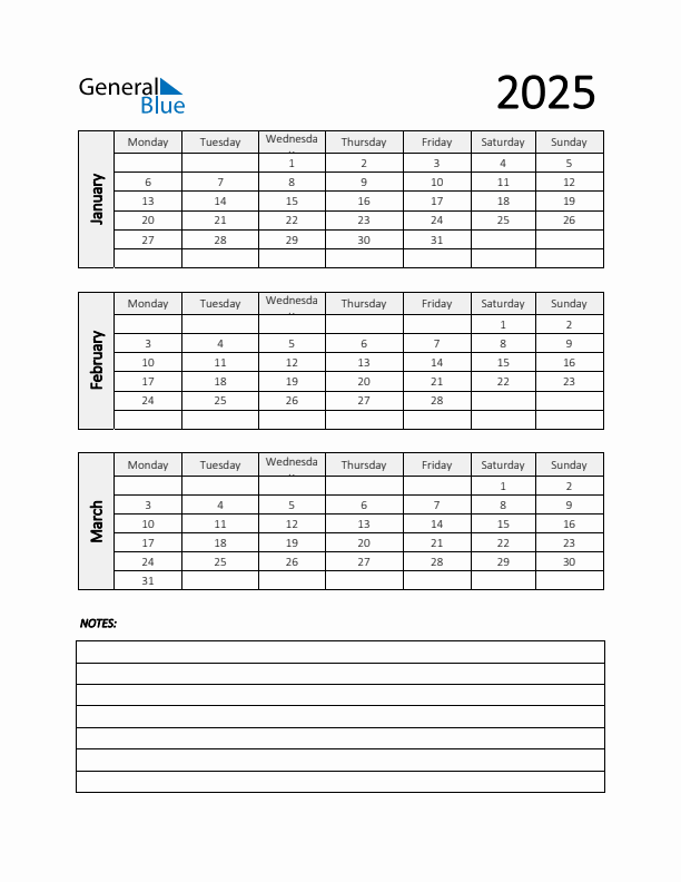 Three Month Calendar Template Q1 2025