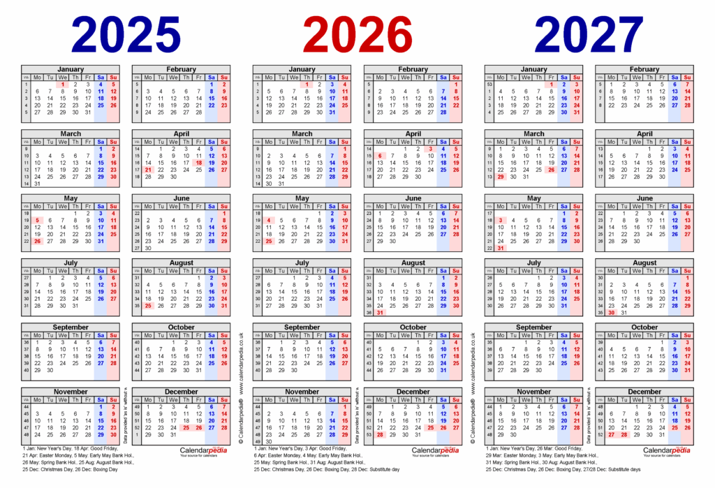 Three Year Calendars For 2025 2026 2027 UK For PDF