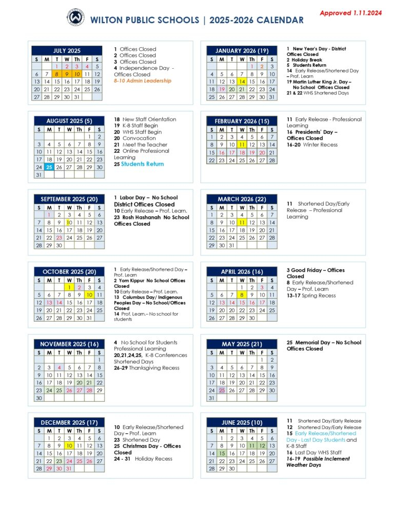 Wilton Public Schools Calendar 2024 2025 CT Schools 
